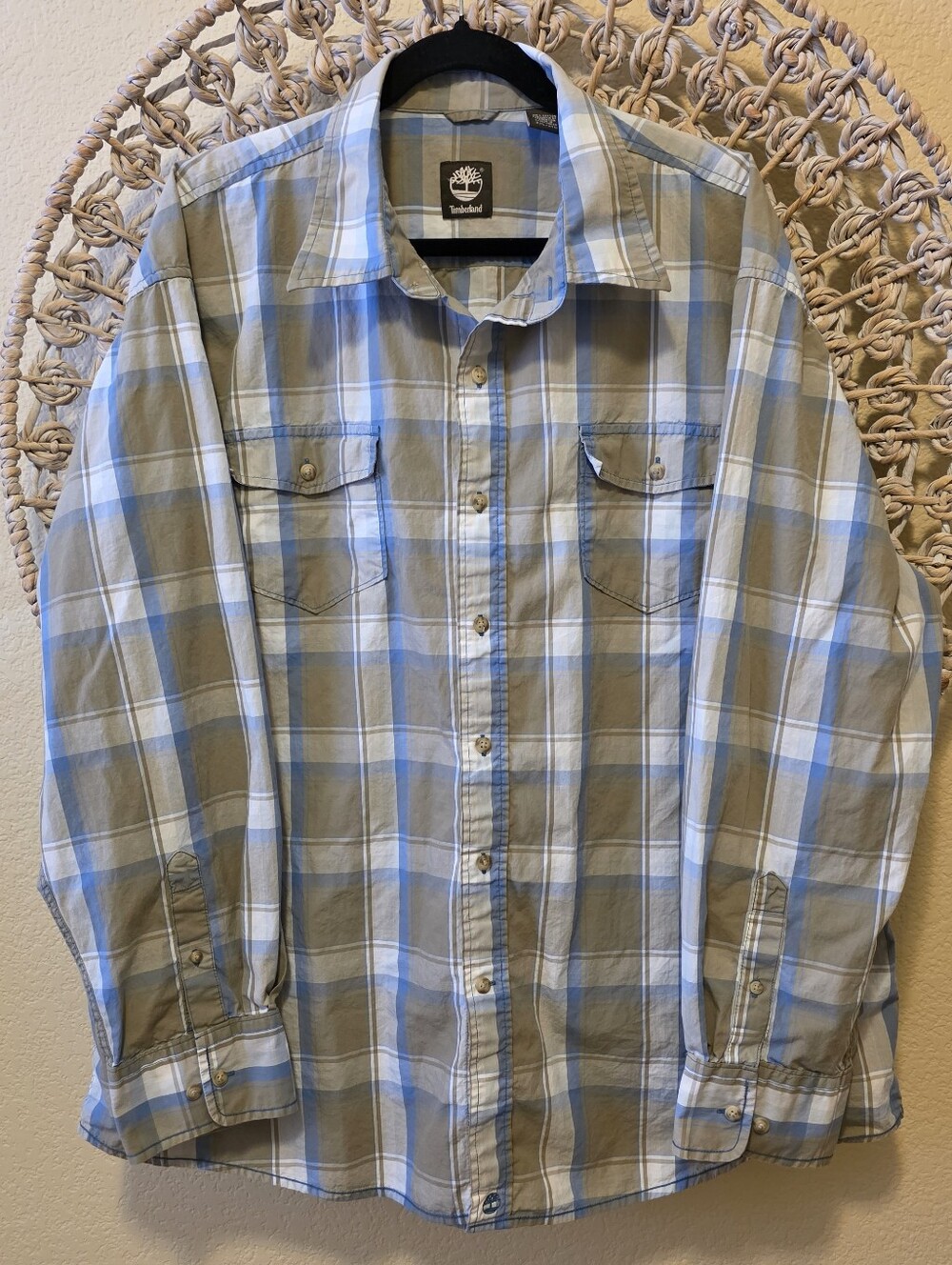Timberland Men's 2XL Long Sleeve Plaid Button-Up Shirt Blue Khaki 100% Cotton